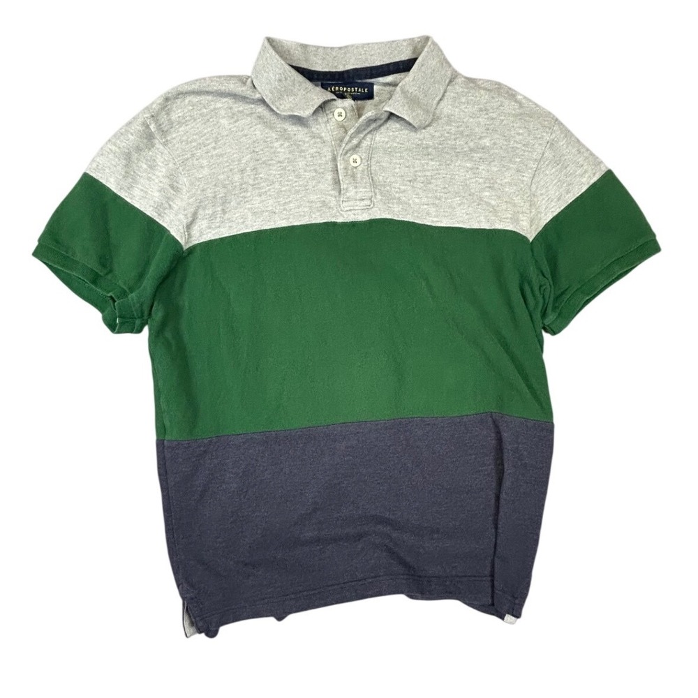 Aeropostale‎ Mens Colorblock Polo Shirt Grey Green Navy Blue Pique Size Large